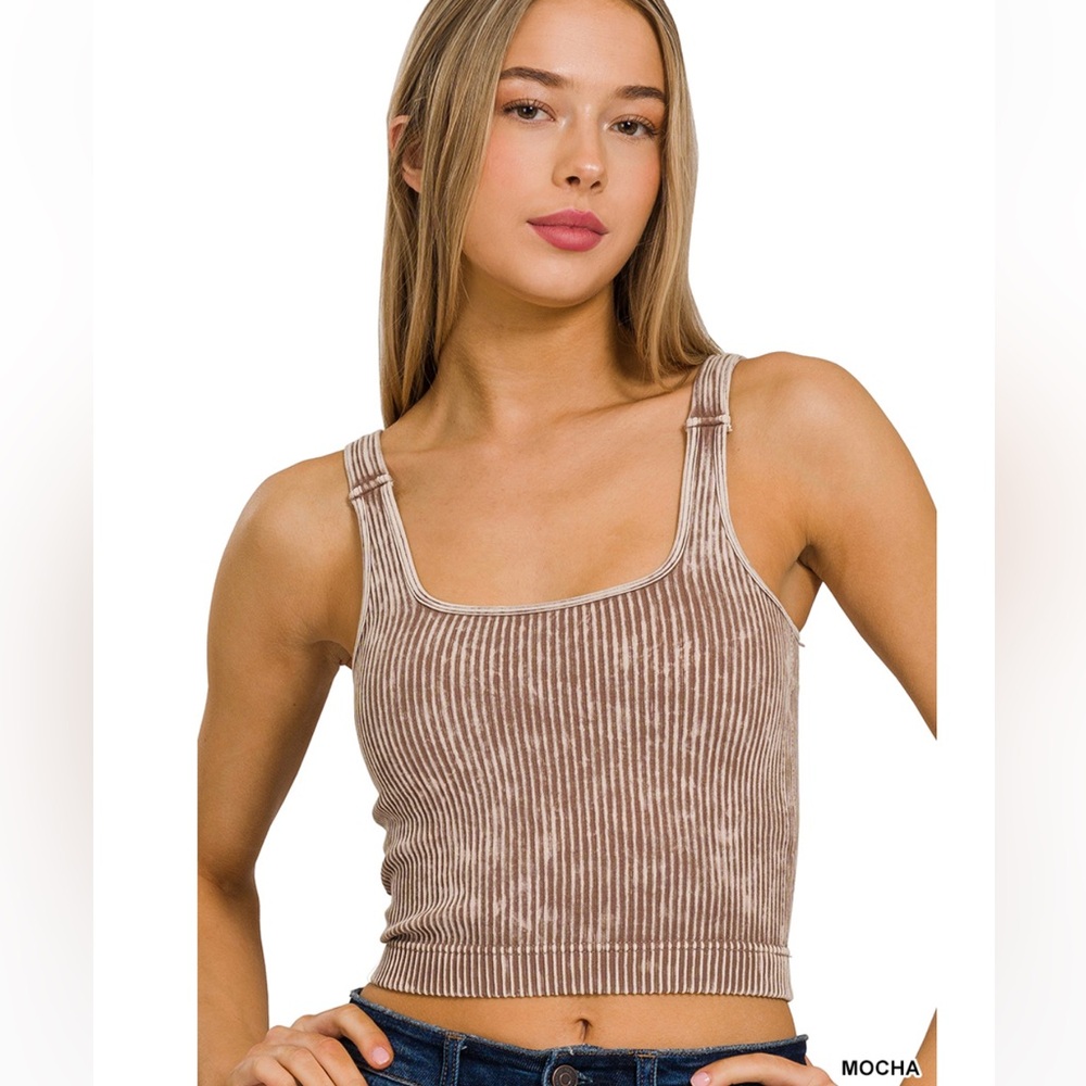 NEW Zenana Mocha Washed Ribbed Seamless Square Neck Brami Tank Padded S/M L/XL